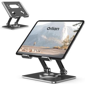 Orlian Tablet Stand Holder with Thickened 360Rotating Base Dual Rod Adjustable Aluminum Stand for All 5.8-12.9 iPad Samsung Phone Tablet Kindle E-Reader and More, Black