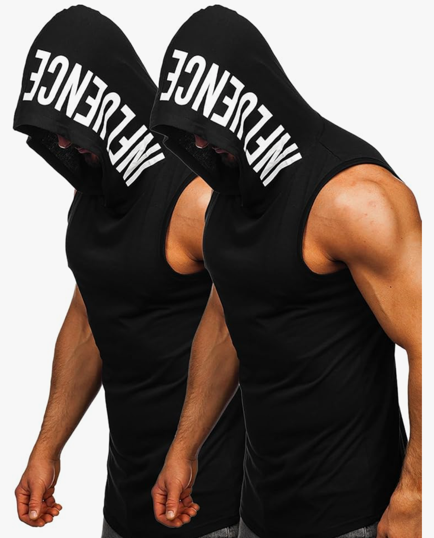 FLYFIREFLY Men's 2 Pack Workout Hooded Tank Tops Bodybuilding Athletic Sleeveless Muscle Cut Off T Shirt Gym Hoodies, Size L