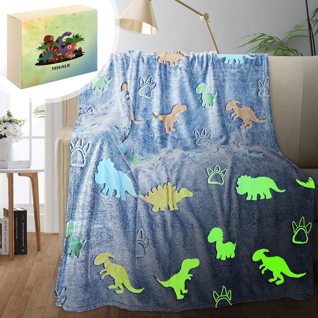 Dinosaur Blanket for Boys, Glow in The Dark Blanket for Kids, Kids Blanket for Boys, Toddler Blanket for Boys, Dinosaur Gifts for Boys/Kids, Soft Fleece Blanket, Birthday Gifts 50"x60"+Gift Box