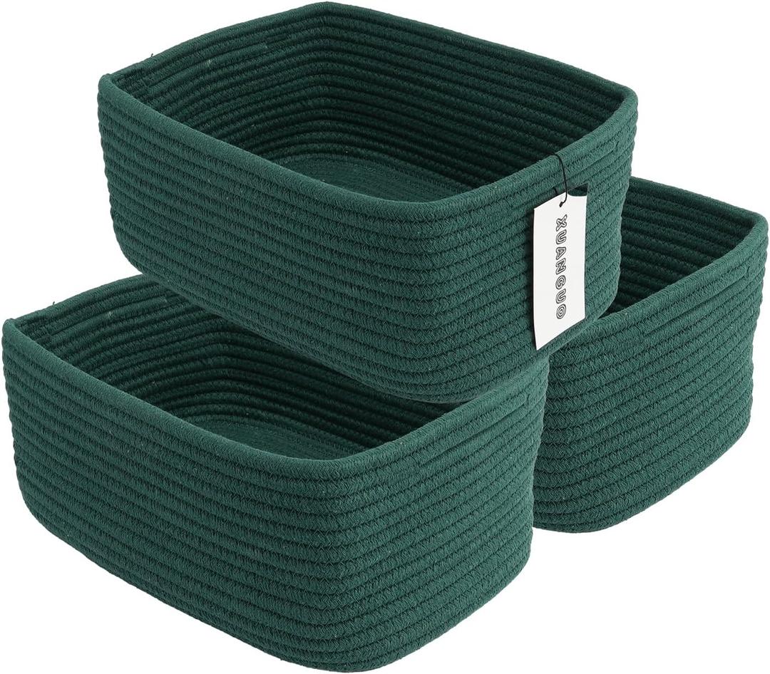 Small Woven Storage Baskets 12X8X5 Decorative Rope Bins for Organizing Shelves, Closets, and Toys, Empty Gift Baskets, Cute Organizer Basket for Home and Office (dark green, regular)