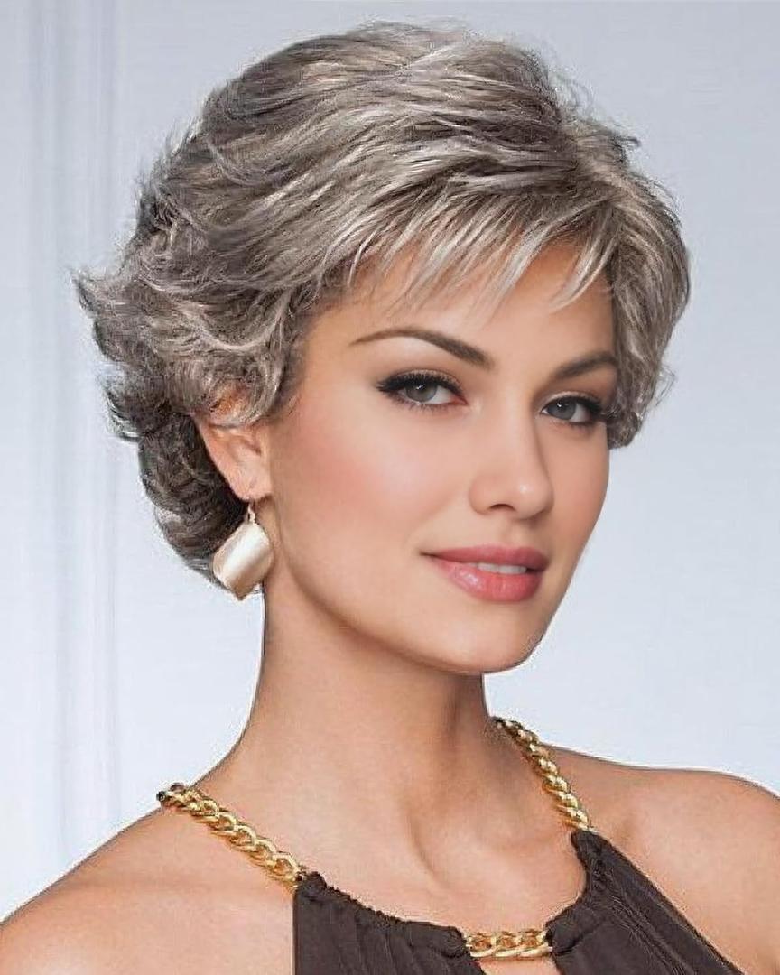 SEVENCOLORS Short Gray Wigs for Women Mixed Grey Pixie Cut Wigs with Bangs Natural Looking Synthetic Hair Short Curly Wigs for Older Lady