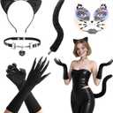 Wehhbtye 5 Pcs Halloween Cat Women Costume Accessories, Black Cat Claw Gloves Necklace Outfit Set Including Cats Face Gems Ears Headband Tail for Halloween Cosplay and Makeup Party