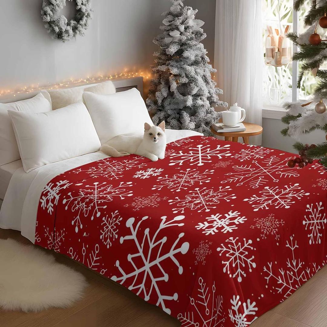 Winter White Snowflake on Red Flannel Throw Blanket Fleece Blankets,Seamless Christmas Theme Soft Warm Cozy Throws Lightweight Fuzzy Blanket for Sofa Couch Bed Car All Season Use, 60x80 In
