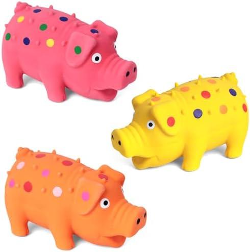 POPLAY 3PCS Squeaky Latex Grunting Pig Dog Toys, 4 Inch Prank Nosie Maker Puppy Chew Toys Rubber Squeeze Gift for Dogs