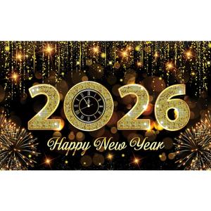 Happy New Year 2026 Banner Backdrop, Golden New Year Eve Large Banner Party Decorations Supplies | New Years Eve Party Supplies 2026 | Holiday Sign Poster Background Decor (Black-1)