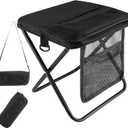 Portable folding stool with dual storage pockets and side pockets Compact adult-sized portable stool, ideal for camping, hiking, outdoor activities and events Maximum weight capacity 400 lbs (Black)