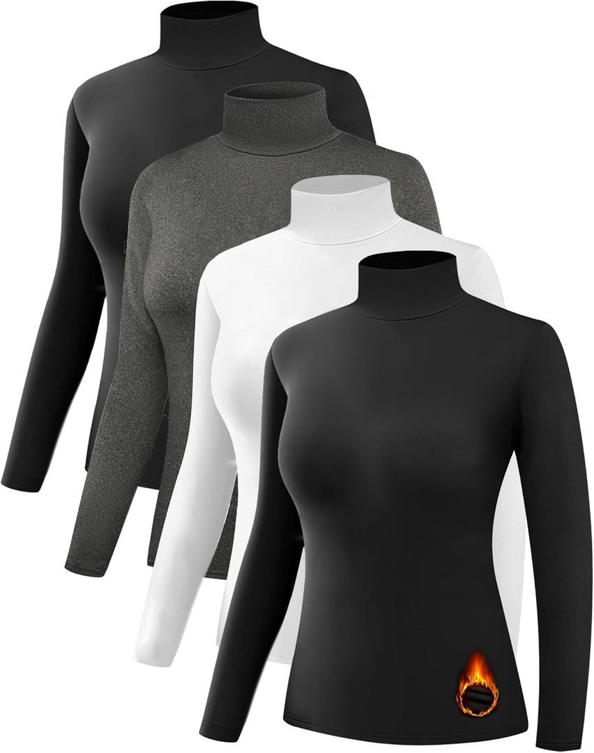 Dalavch 4 Pack Womens Thermal Turtleneck Shirts, Women Turtle Neck Fleece Lined Compression Long Sleeve Base Layer Tops (Medium, 2 Black 1 Heather Gray 1 White)