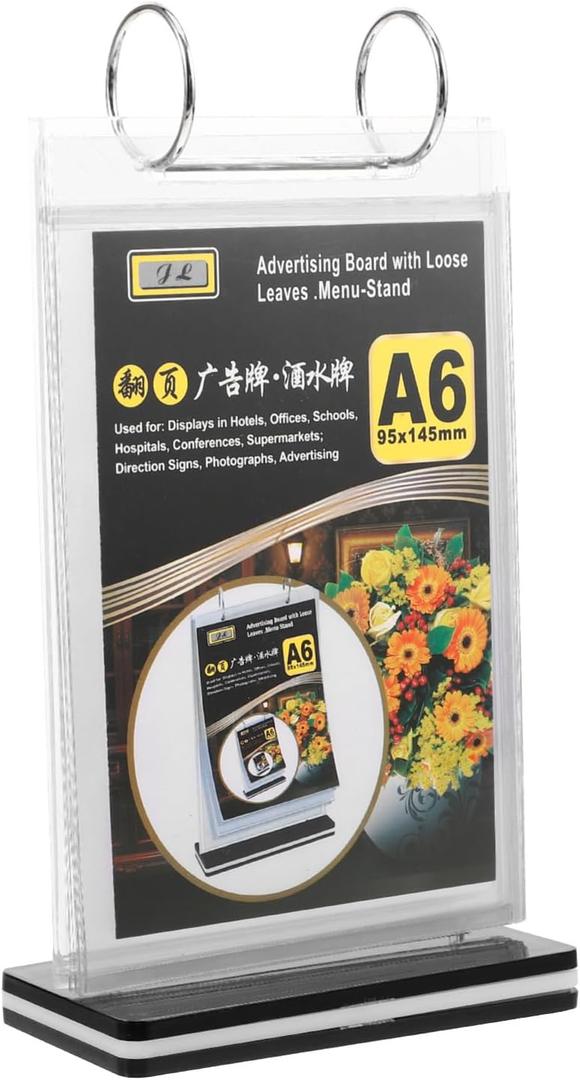 Operitacx A6 Acrylic Menu Display Stand Tabletop Menu Holder with Stable Base Flip Card Organizer for Restaurants Bars Shops Events 8.26X4.52X2.36 Inches