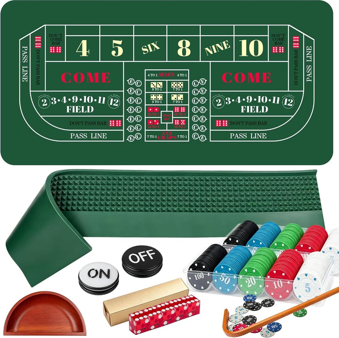 Craps Table Top Game Set with 35x70′′ Mat, Diamond Bumper, 200 Chips(Green), 19mm