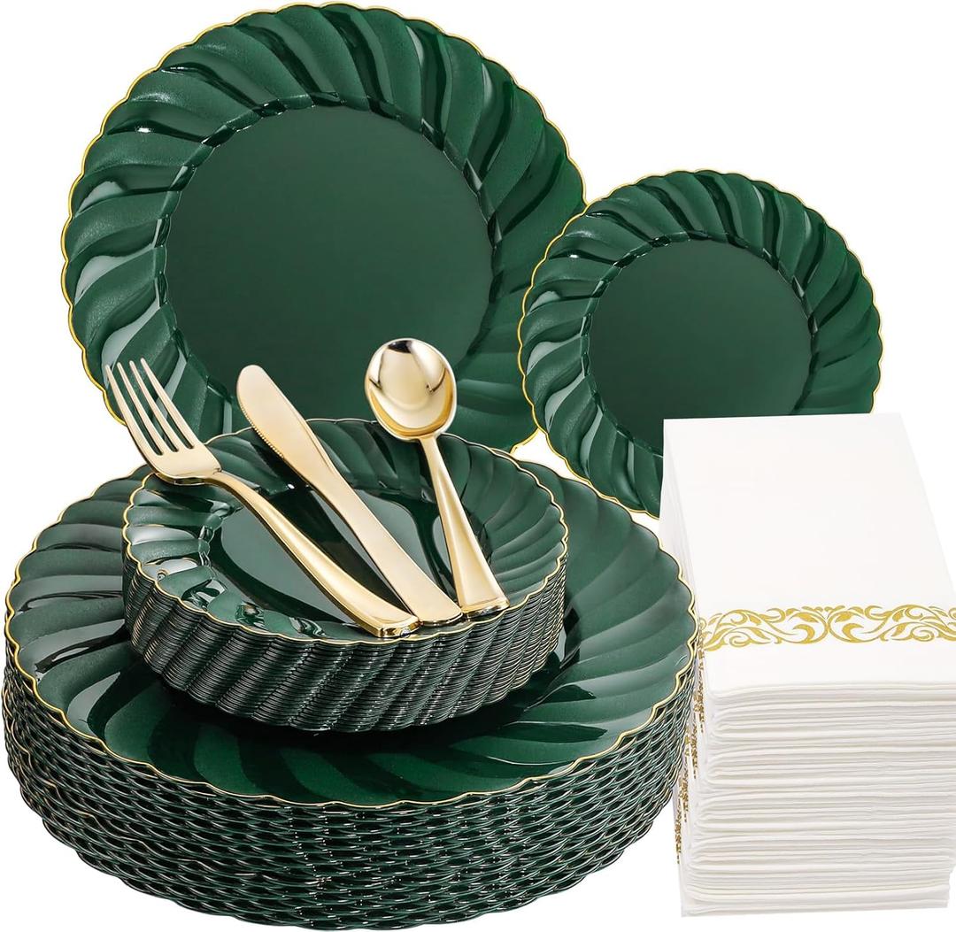 YOUBET 150PCS Emerald Green Plastic Plates - Green and Gold Disposable Dinnerware Include 50 Plates, 25 Knives, 25 Forks, 25 Spoons, 25 Napkins Ideal for Party & Wedding