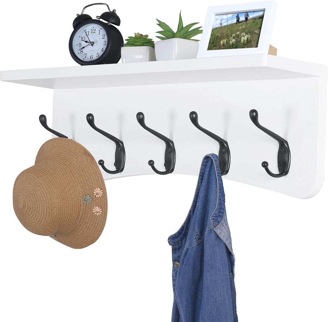 TEG01B Coat Rack Wall Mount with Shelf and 5 Hooks - 17-Inch Heavy Duty Pine Wood Entryway Rack - For Mudroom, Kitchen, Bathroom (White (TEG1))