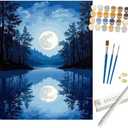 Nature Paint by Numbers Kit for Adults - DIY Full Moon Reflected on Lake Painting on Rolled Canvas 16x20 Inches, Acrylic Paint Set, Suitable for Beginners, Art for Home Decoration or Gifts