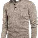 COOFANDY Men's Quarter Button Henley Sweater Casual Knitted Sweatshirt Mock Neck Thermal Fleece Pullover Sweater with Pocket (Light Khaki)