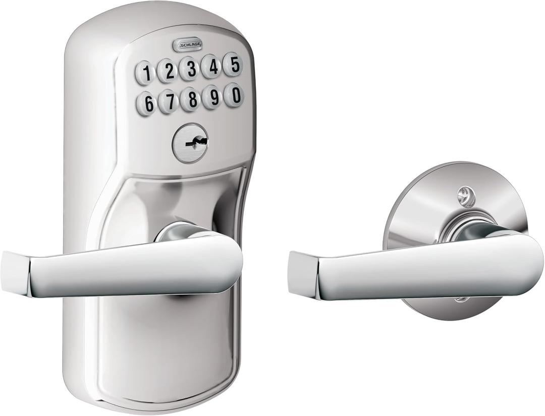 Schlage Plymouth Keypad Lock with Lever Handle, Electronic Keyless Door Entry, AutoLock Enabled, Satin Chrome, FE575 PLY 626 ELA