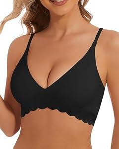 BOUFOR Deep V Bra Low Cut Plunge V Neck Thin Strap Push Up Wireless Bralette Padded Seamless Bra Scalloped Edge, Black, S