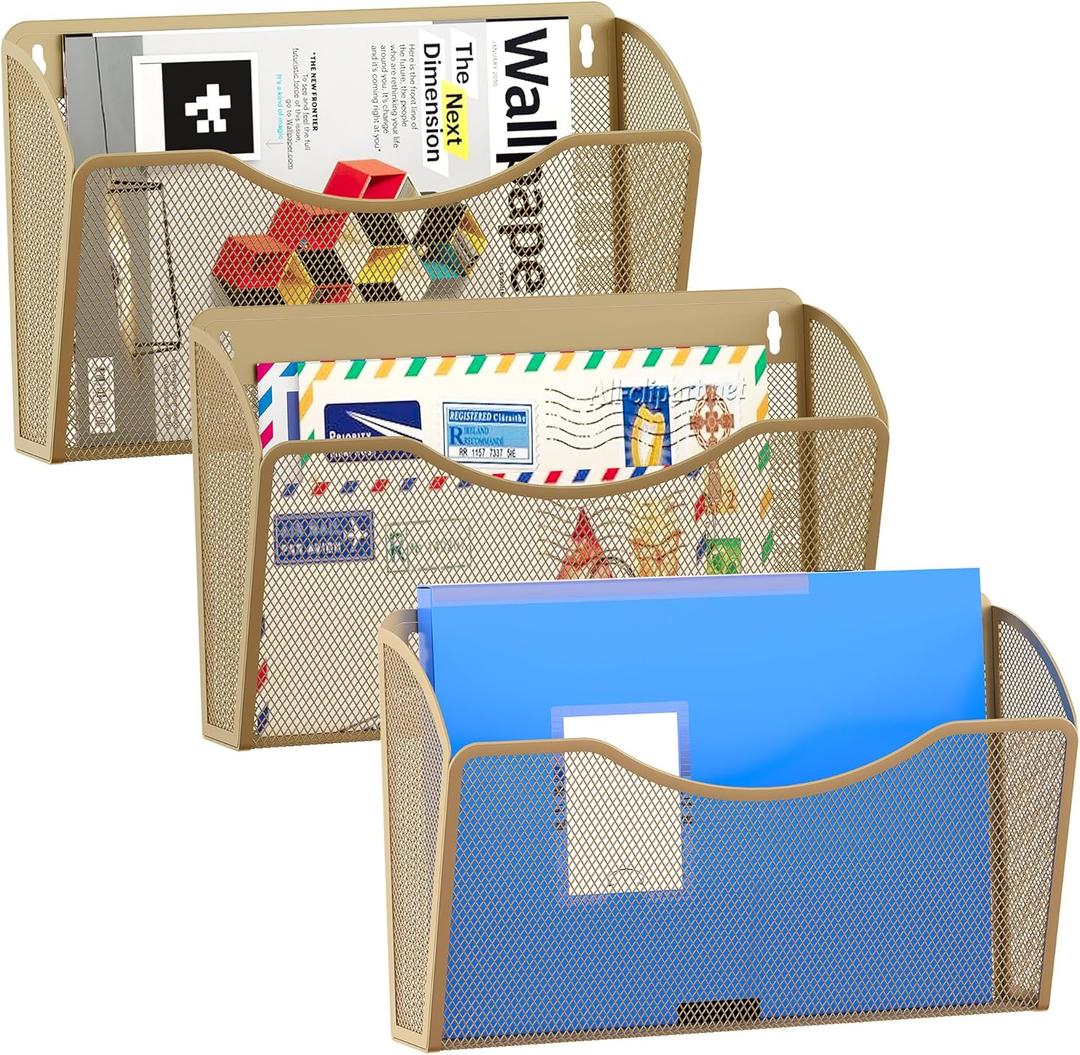 EasyPAG 3 Pack Wall File Organizer, Metal Mesh Hanging File Folder Holder for Letter/A4 Size Folders, Vertical Wall Mount Mail Sorter for Office Paperwork, Classroom, Gold