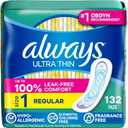Always Ultra Thin Feminine Pads Without Wings for Women, Size 1, Regular Absorbency, Unscented, Up to 100% Leak-Free Protection, 44 Count x 3, 132 Count Total