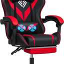 HOFFREE Massage Gaming Chair for Kids Computer Gamer Chair with Footrest and Lumbar Support Reclining PC Game Chair with Headrest for Gaming Room Red and Black