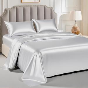 FreshCulture Satin Sheets Queen Size Bed Set- 4 Piece Luxury Soft Silky Queen Sheet Set, Similar to Silk Bed Sheets with 1 Deep Pocket Fitted Sheet, 1 Flat Sheet & 2 Pillowcases (Silver Grey)