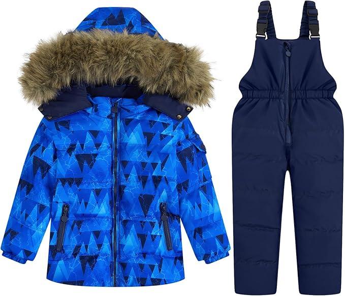 JiAmy Kids 2 Piece Snowsuit Set Girl Winter Hooded Puffer Jacket & Snow Bib Pants Boy Ski Suits Ultralight Outfit, 140