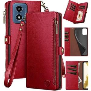 XcaseBar for Moto G 5G 2024/G Play 2024 Wallet case with Zipper Credit Card HolderRFID Blocking,Flip Folio Book PU Leather Phone Shockproof Cover Women Men for Moto G Play 2024 case Red
