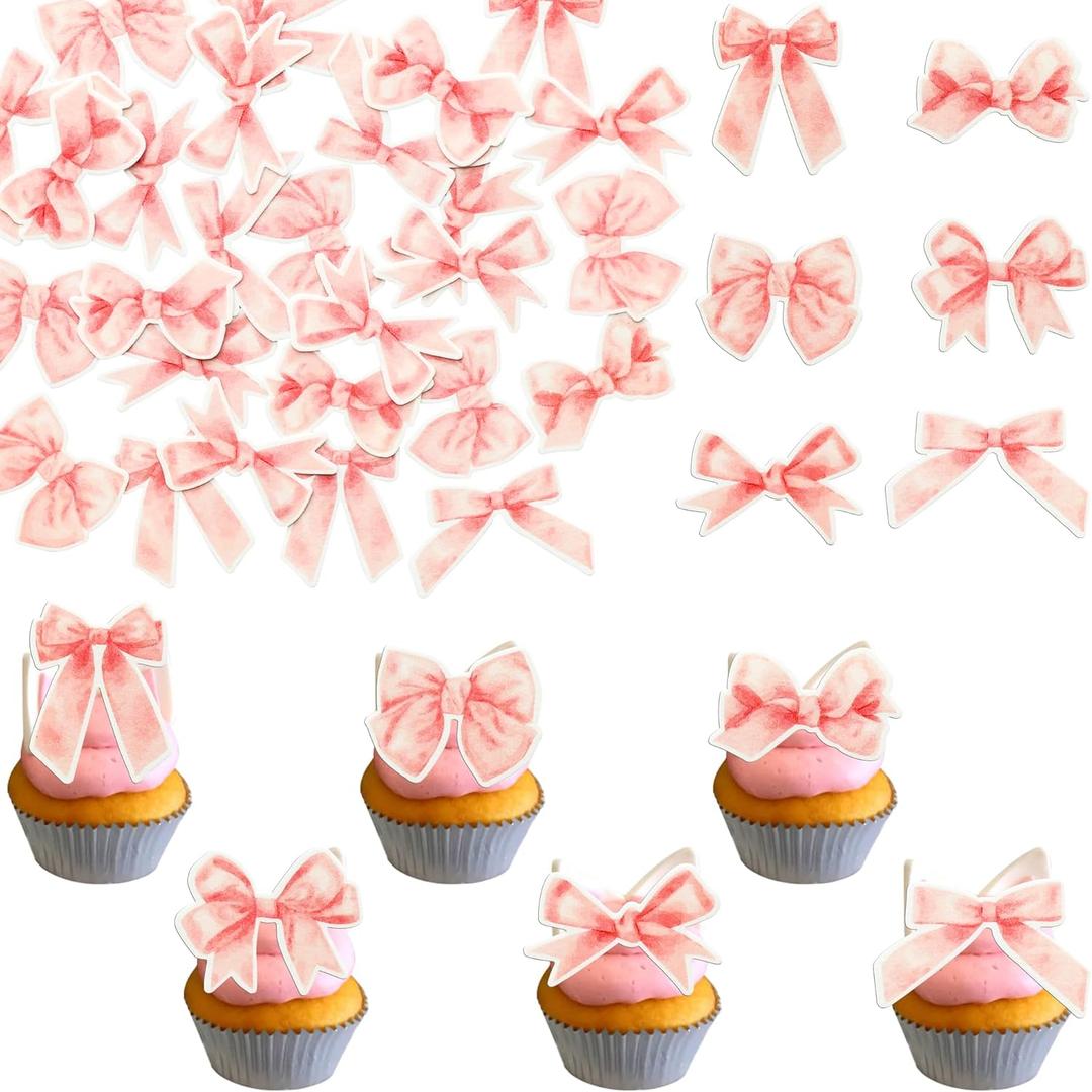 Ephlyn 54Pcs Pink Bow Party Decorations - Cupcake Toppers & Picks - Coquette Bow Themed Party Supplies for Girls & Women