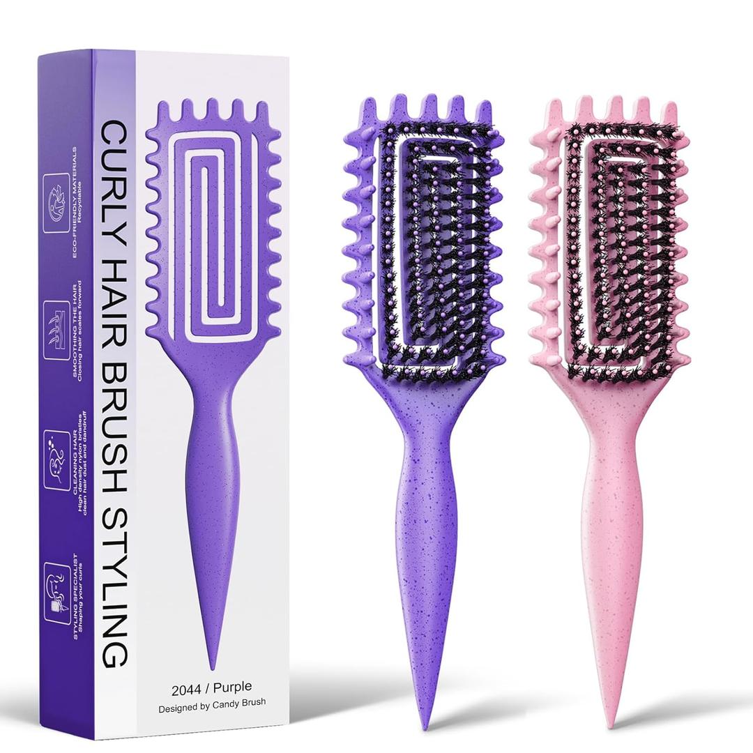 2-Pack Curly Hair Brush, Curl Defining Brush with Soft Boar Bristles Detangling Tangled Glides, Wide-Teeth Design Effortlessly Shaping & Defining Curls, Curling Definer for Wet & Dry Hair(Pink Purple)