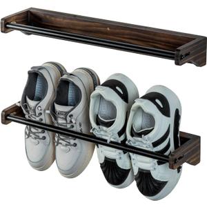 MyGift Wall Mounted Hanging Shoe Rack, Urban Industrial Burnt Solid Wood Shoe Holder Storage Organizer with Matte Black Metal Rails and Adjustable Sizing, Set of 2