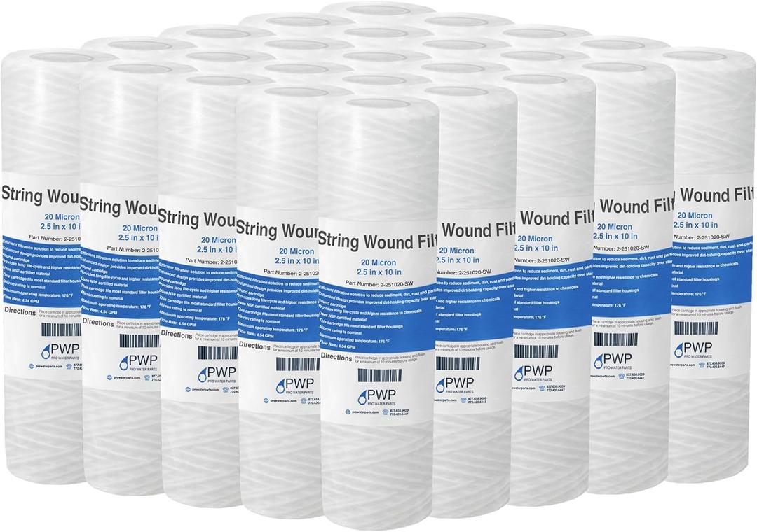 Sediment String Wound Water Filter Cartridge Standard 2.5x10" 20 Micron 25 Pack