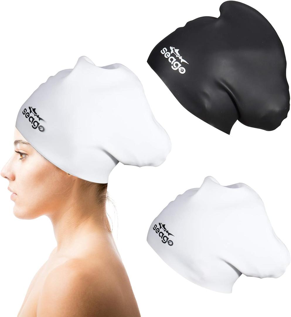 Swim Cap Long Hair 2 Pack Swimming Caps for Women Silicone Swim Caps Keep Hair Dry Waterproof Comfortable Flexible Durable Bathing Cap Tear-Proof Design Large Women Adult Swimming Cap 10+ Years Girls (Black & White)