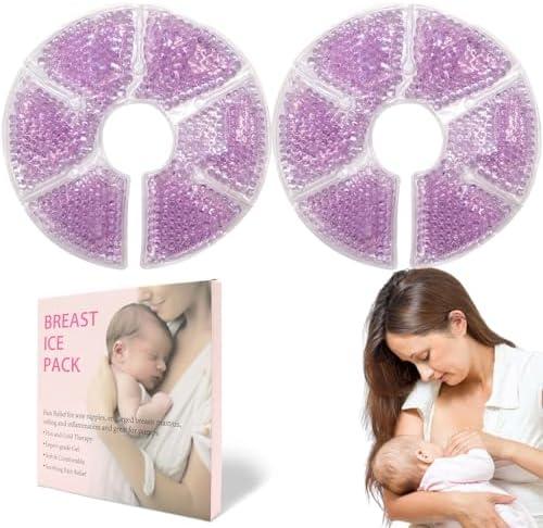 Breast Therapy Ice Packs, Hot and Cold Breast Pads, Breastfeeding Essentials Large Gel Bead Packs for Moms, 4 Pack (Purple, M)