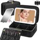 Large Travel Makeup Bag with LED Mirror, 3-Color Stepless Dimming Stand Mirror Detachable, with Adjustable Divider, Makeup Brush Holder Storage (Black)