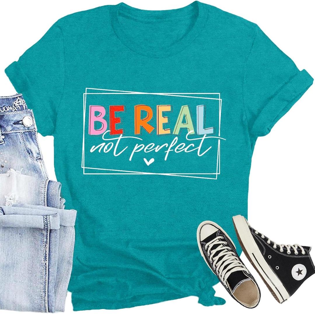 Be Kind Shirt for Women Be Real Letter Print T-Shirt Funny Kindness Matter Tee Top Cyan, Small