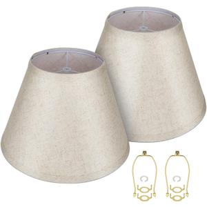 ALUCSET Lamp Shades Set of 2, Medium Brown Lampshade 7x13x9 inch, Barrel Lamphades for Table Floor Lamp, Easy Assembly Required Fabric Natural Linen Lamp Cover, Double Lamp Shade Harp Holder Included (Fold-2 Pack)