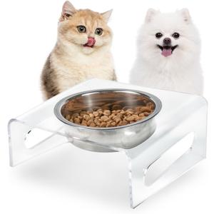 Tilted Raised Elevated Food and Water Bowls Stand for Cat or Small Dogs - Puppy's Clear Acrylic Stainless Steel Dishes Holder for Boy or Girl Pet,Modern, and Easy to Clean by WBhonghui (Clear-Single)