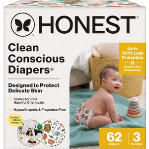 The Honest Company Comfort Dry Disposable Diapers for Sensitive Skin, Hypoallergenic, Fragrance-Free, Fall '25 Seasonal Prints, Club Box, Size 3 (16-28 lbs), 62 Count (Bum-kin Patch + Costume Paw-ty)