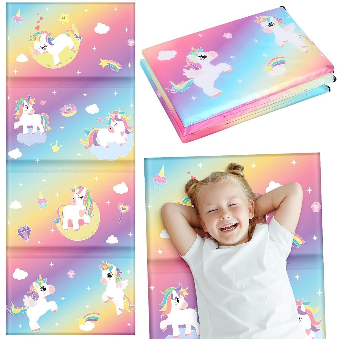 Shellwei Vinyl Nap Mat for Kids Preschool Daycare 52 x 20 x 1'' Kids Sleeping Folding Rest Mat for Toddler Boys Girls Baby Classroom Home Travel(Rainbow Unicorn)