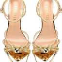 FINDVELL Women's Kitten Heels Rhinestone Pearl Low Heel Sandals Strappy Sparkly Round Open Toe Ankle Strap Wedding Party Dress Shoes, 8