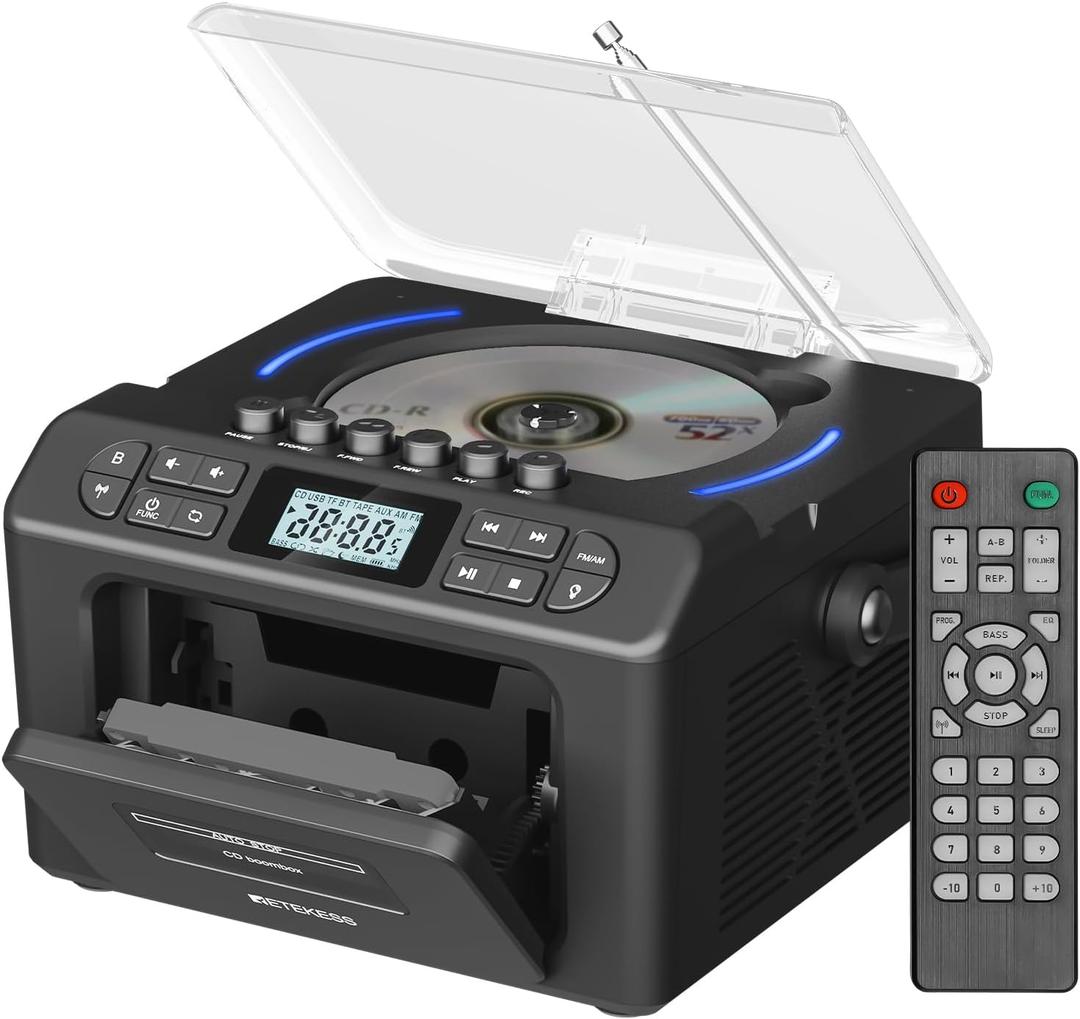 Retekess TR642 CD Player Boombox, CD Cassette Player AM/FM Radio, LED Ambient Lighting, 15H Long-Lasting, Dual-Speaker Stereo, Sleep Timer, USB/TF/AUX/Remote Control, Boomboxes for Home, Kids, Gifts