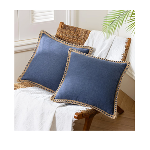 Pack of 2 Farmhouse Decorative Solid Throw Decorative Pillow Cover Burlap Linen Trimmed Tailored Edges Navy Blue 18 x 18 inches, 45 x 45 cm