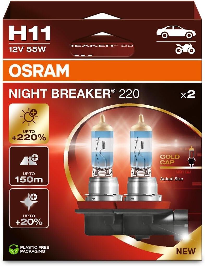 OSRAM NIGHT BREAKER 220, H11, 220% Brighter Halogen Headlight Lamp, 64211NB220-2HB, Folding Box (2 Lamps)