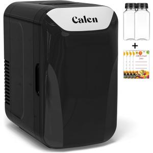 CALEN Mini Fridge with 2 Bottles, 6L/8 Cans Mini Fridge for Bedroom, Skincare Fridge 110V AC/12V DC Small Refrigerator for Food, Beverages, Cosmetics, Portable Mini Refrigerator for Office, Dorm, Car