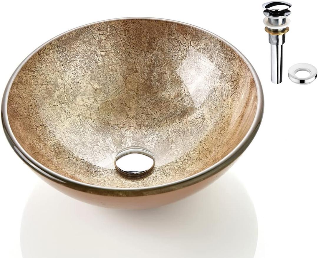 Honeysuckle Series Round Tempered Deco Glass Vessel Bathroom Sink | Top Mount Sinks Above Countertop |Handicraft Vanity Countertop Sink Bowl with Pop Up Drain |FW-LA603, 16.54 x 16.54 x 5.71 inches