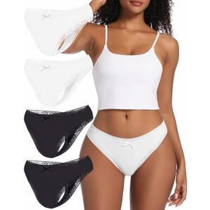 Niidor Thongs for Women Lace Seamless Thongs Underwear Women Pack No Show G String Thongs Sexy Women's Panties (4pcs-black+black+white+white ) S