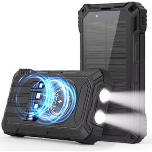 Solar Charger Power Bank,36000mAh Portable Wireless Charger with USB-C in/Output,15W Fast Charging External Battery Pack Built in 4 Cables,Three Inputs Phone Portable Charger (Black, 36000mAh)
