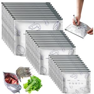 3 x 30PCS Reusable Aluminum Foil Sealable Storage Bags, Resealable Vacuum Zipper Pouches for Food, Stand Up Foil Sealable Bags with Label and Zip Lock for Vegetable Fruit Meat (3 Size)