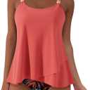 SUUKSESS Women Ruffle High Waisted Tankini Swimsuit Tummy Control Bathing Suit (Large, 80 Coral Pink Leaf)