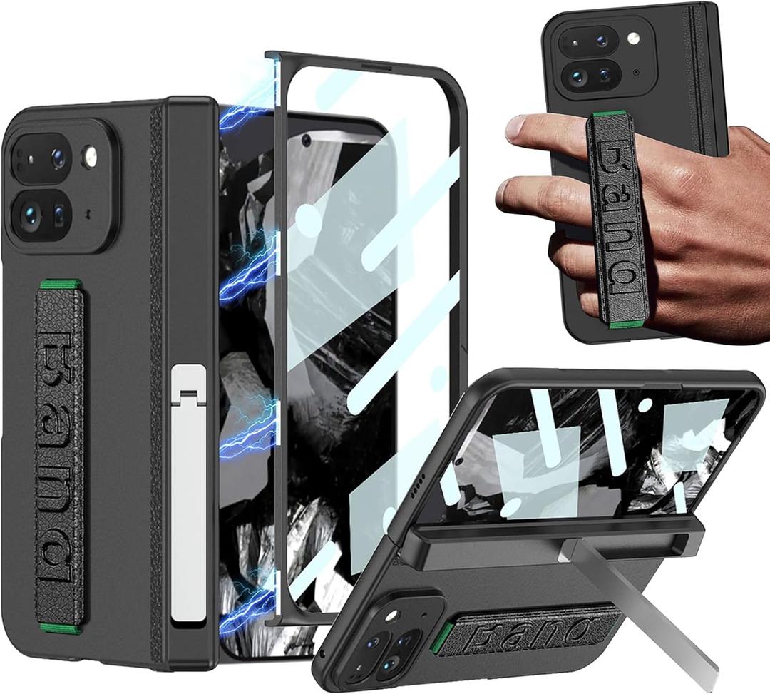 for Google Pixel 9 Pro Fold Case with Wrist Strap, Full Coverage Hand Strap Case with Kickstand Screen Protector Hinge Protection Stand Protective Cover for Google Pixel 9 Pro Fold Black