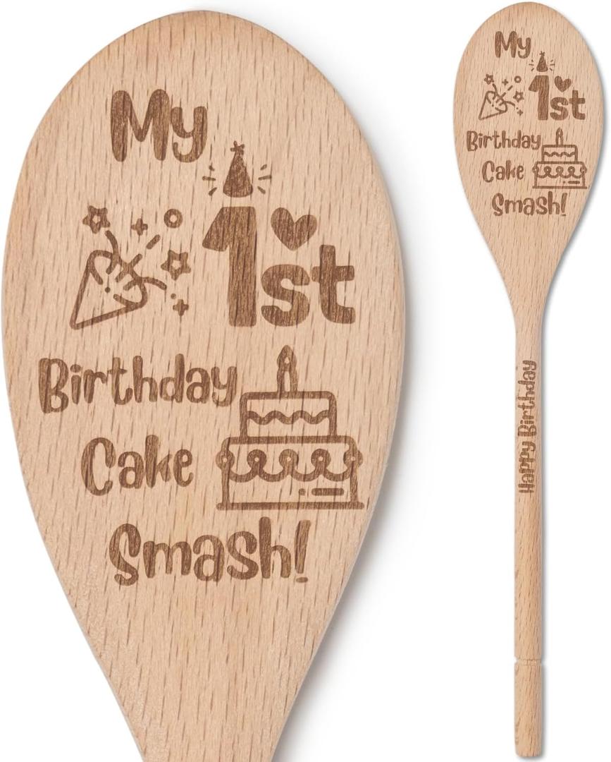 First Birthday Photoshoot Props Smash Cake Spoon Keepsak 1 Year Old Birthday Decoration Cake Smash Props 1st Photo for Baby Boy Girl Decor, Engraved Wood Spoon 10x2 in