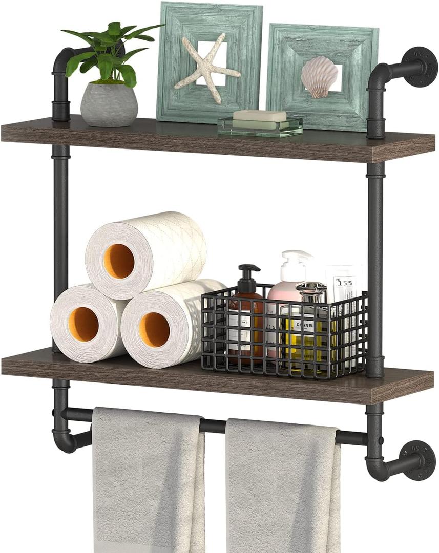 Helsin 2 Tier Wood Floating Shelves Towel Rack, Industrial Pipe Bathroom Shelves Wall Mounted with Towel bar, Wall Display Storage Shelf for Home & Bathroom Decor (Gray, 24inch) (Grey)